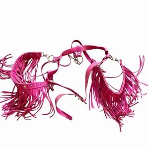 Western Cowgirl Pink Leather Body Harness Garter Belt with Fringe Tassels